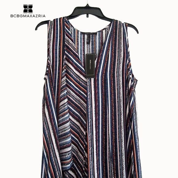 BCBGMAXARZRIA NEW TARA Stripe Cascading Ruffles Sleeveless Hi Lo Maxi Dress M - Picture 2 of 12